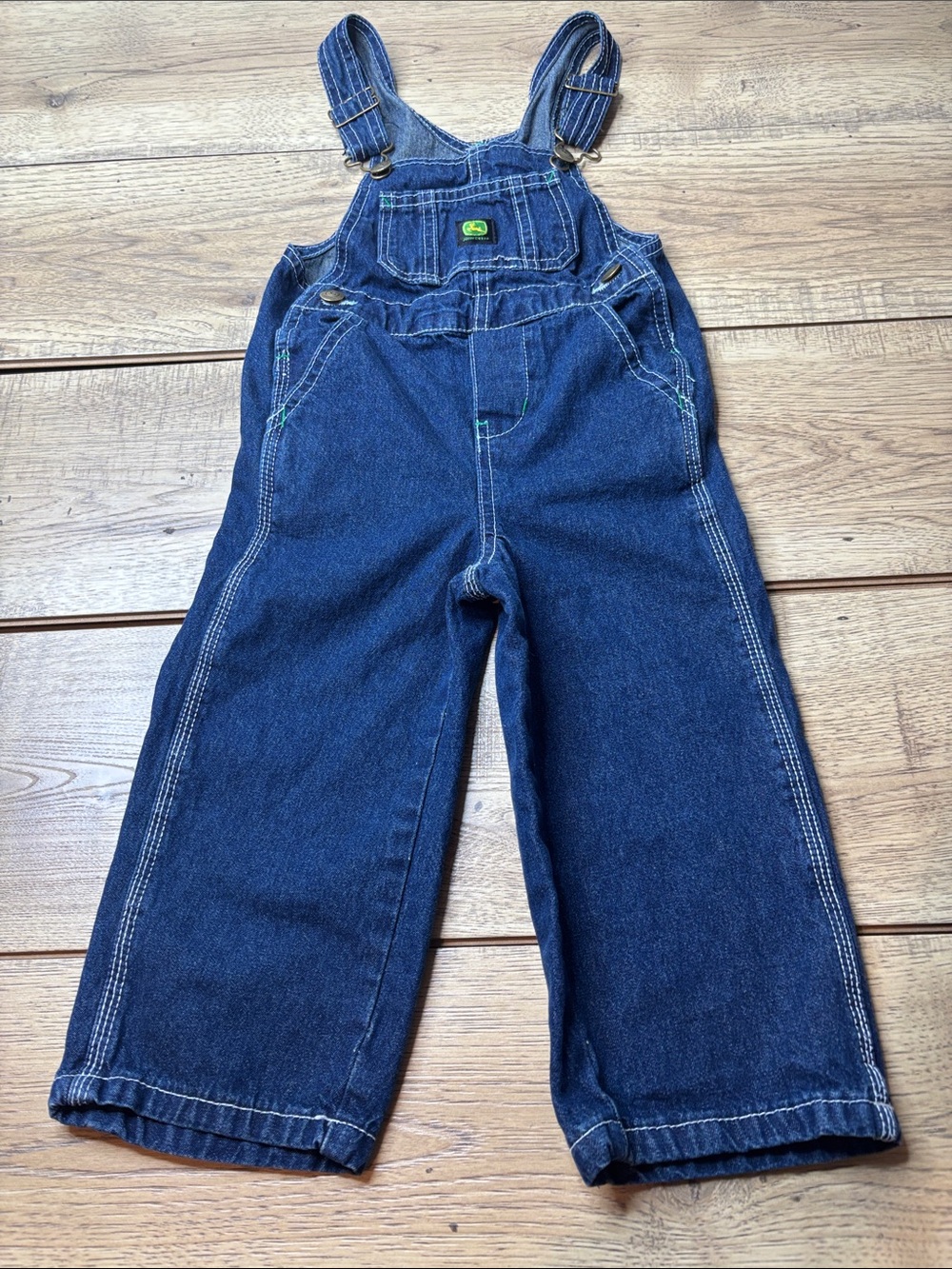 Toddler Boys John Deere Dark Blue Denim Overalls with Green Logo Accent Size 3T